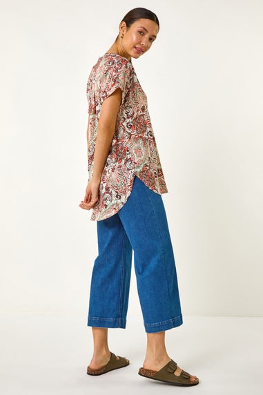 Roman Orange Paisley Print V-Neck Top