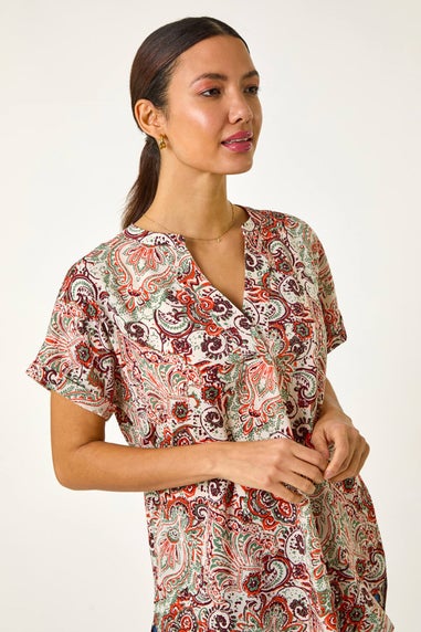 Roman Orange Paisley Print V-Neck Top