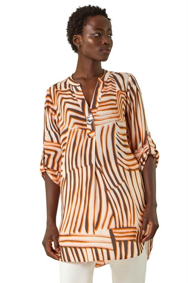 Roman Orange Abstract Linear Print V-Neck Button Top
