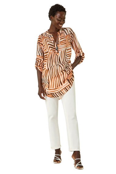 Roman Orange Abstract Linear Print V-Neck Button Top