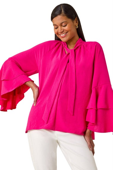Roman Cerise Frilled Sleeve Tie Front Top