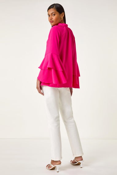 Roman Cerise Frilled Sleeve Tie Front Top