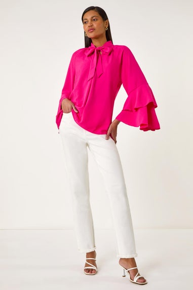 Roman Cerise Frilled Sleeve Tie Front Top
