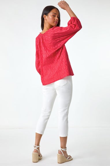 Roman Coral Petite Textured V-Neck Cotton Blouse