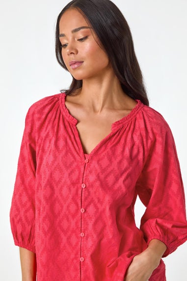 Roman Coral Petite Textured V-Neck Cotton Blouse