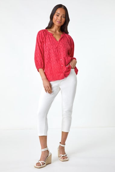 Roman Coral Petite Textured V-Neck Cotton Blouse