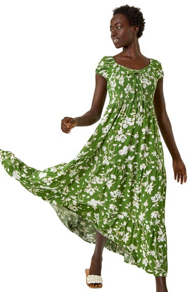 Roman Green Floral Print Tiered Maxi Dress