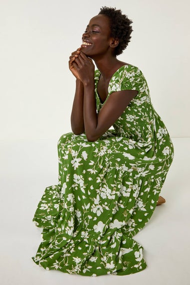 Roman Green Floral Print Tiered Maxi Dress