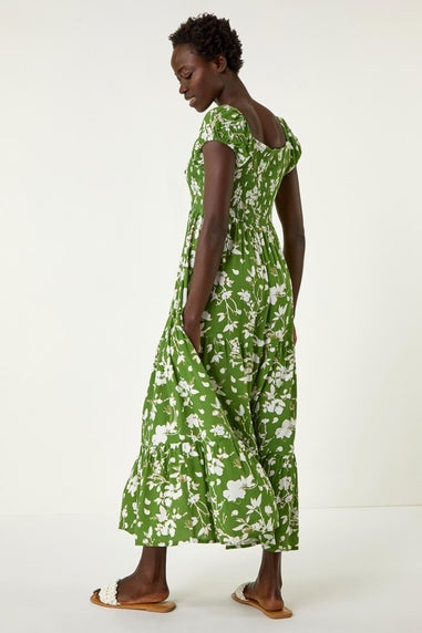Roman Green Floral Print Tiered Maxi Dress