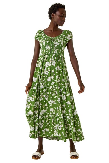 Roman Green Floral Print Tiered Maxi Dress