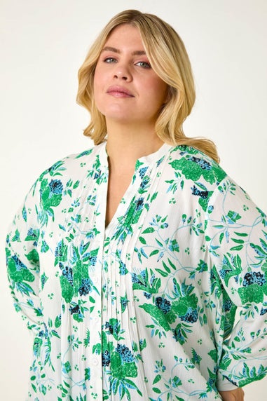 Roman Green Curve Floral Print Pintuck Blouse
