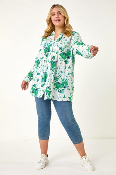 Roman Green Curve Floral Print Pintuck Blouse