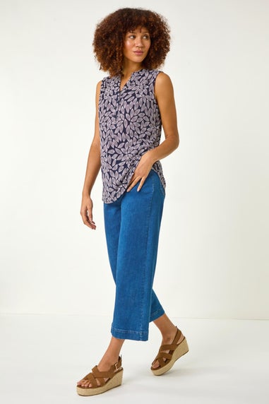 Roman Mauve Leaf Puff Print Stretch Top