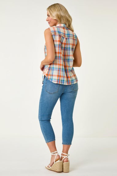 Roman Blue Petite Check Print Button Blouse