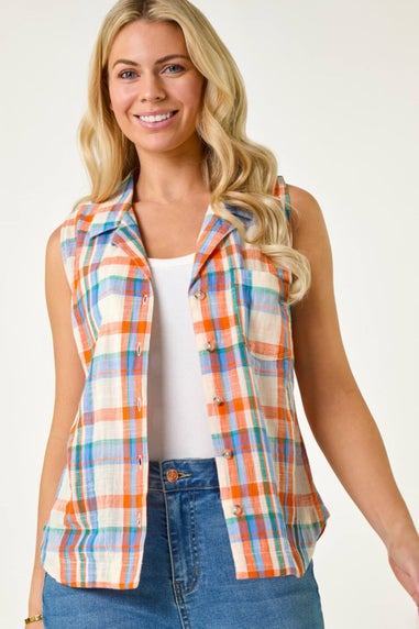 Roman Blue Petite Check Print Button Blouse