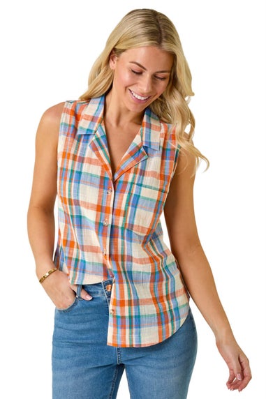 Roman Blue Petite Check Print Button Blouse