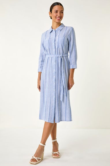 Roman Light Blue Textured Stripe Belted Shirt Dress
