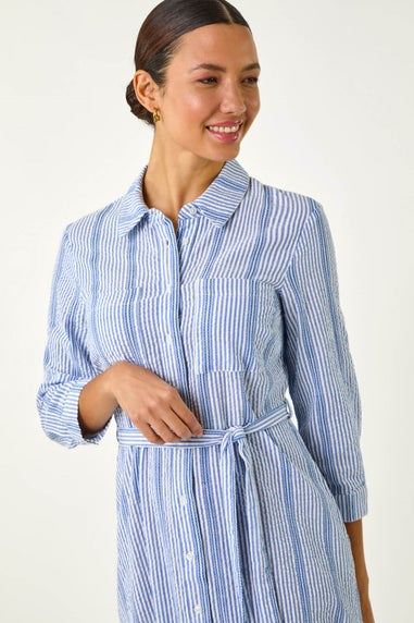 Roman Light Blue Textured Stripe Belted Shirt Dress