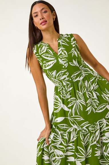 Roman Green Leaf Print Midi Dress