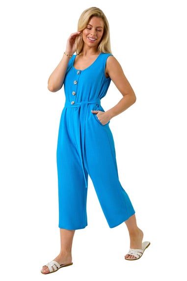Roman Blue Petite Button Front Jumpsuit