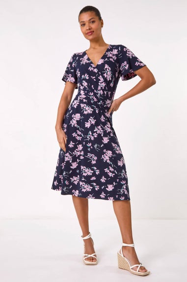 Roman Navy Floral Print Wrap Over Midi Dress