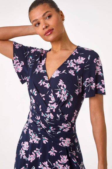 Roman Navy Floral Print Wrap Over Midi Dress