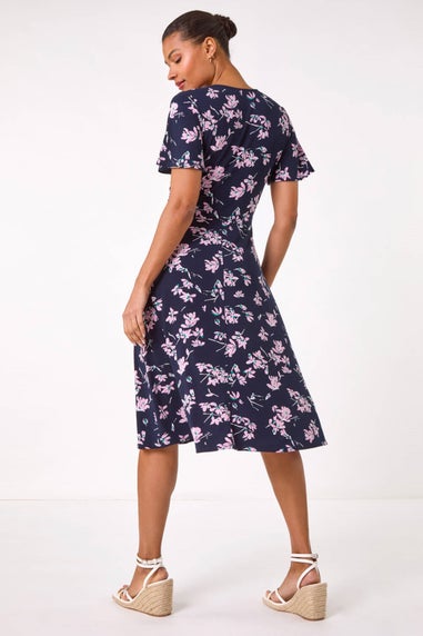 Roman Navy Floral Print Wrap Over Midi Dress