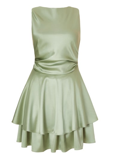 Quiz Green Satin Tiered Skater Dress