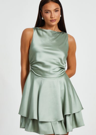 Quiz Green Satin Tiered Skater Dress