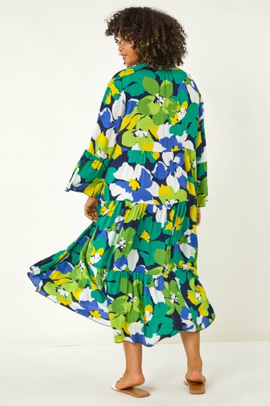 Roman Lime Curve Floral Print Tiered Dress