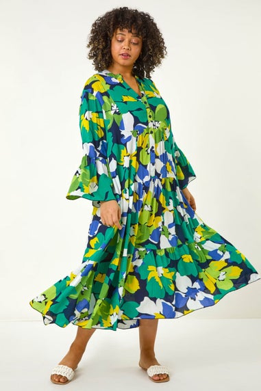 Roman Lime Curve Floral Print Tiered Dress