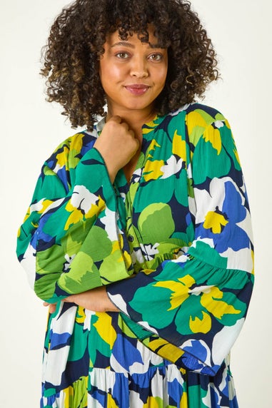 Roman Lime Curve Floral Print Tiered Dress