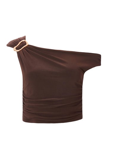 Quiz Brown Buckle One Shoulder Top