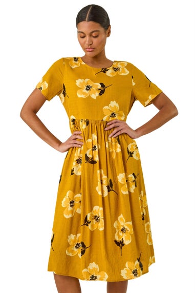 Roman Yellow Floral Print Smock Midi Dress