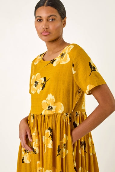 Roman Yellow Floral Print Smock Midi Dress
