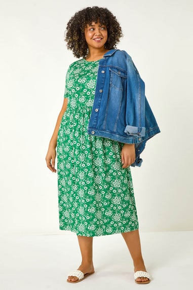 Roman Green Curve Floral Print Stretch Midi Dress