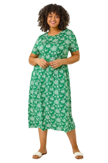Roman Green Curve Floral Print Stretch Midi Dress