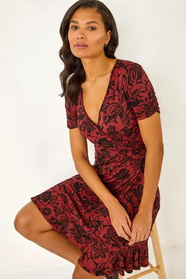 Roman Rust Floral Print Wrap Frill Stretch Dress