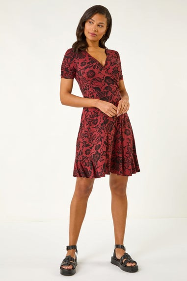 Roman Rust Floral Print Wrap Frill Stretch Dress
