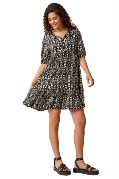 Roman Black Aztec Tie Front Smock Dress