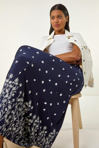 Roman Navy Floral Border Print Stretch Skirt