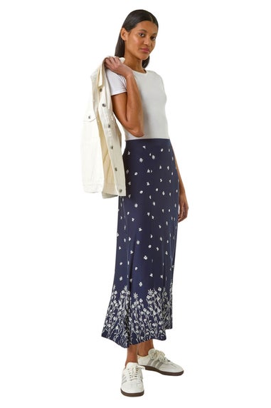 Roman Navy Floral Border Print Stretch Skirt