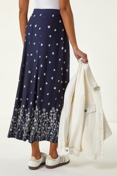 Roman Navy Floral Border Print Stretch Skirt