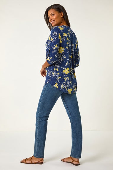 Roman Yellow Textured Floral Print V-Neck Stretch Shirt