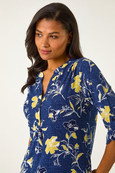 Roman Yellow Textured Floral Print V-Neck Stretch Shirt