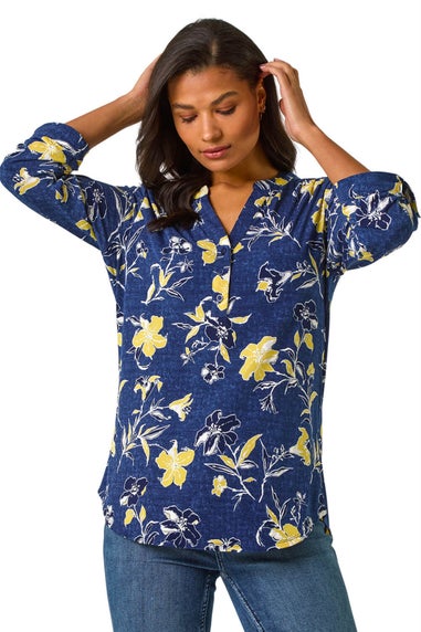 Roman Yellow Textured Floral Print V-Neck Stretch Shirt
