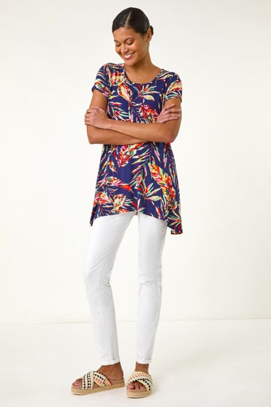 Roman Navy Leaf Print Hanky Hem Tunic Top