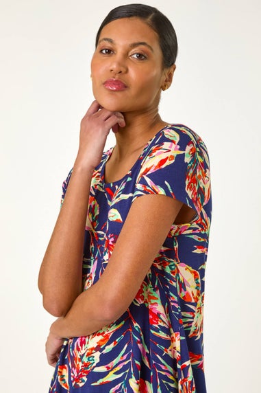 Roman Navy Leaf Print Hanky Hem Tunic Top