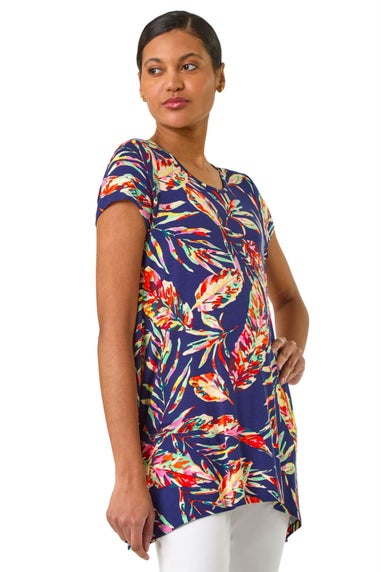 Roman Navy Leaf Print Hanky Hem Tunic Top