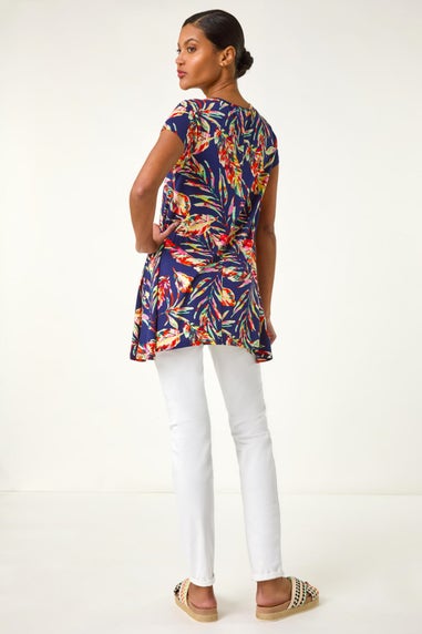 Roman Navy Leaf Print Hanky Hem Tunic Top